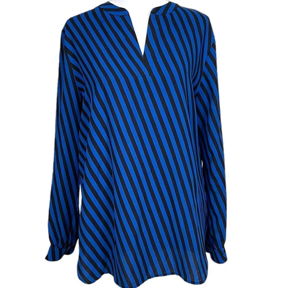 ANNE KLEIN Blue and Black Striped V Neck Long Sleeve Blouse Size XS